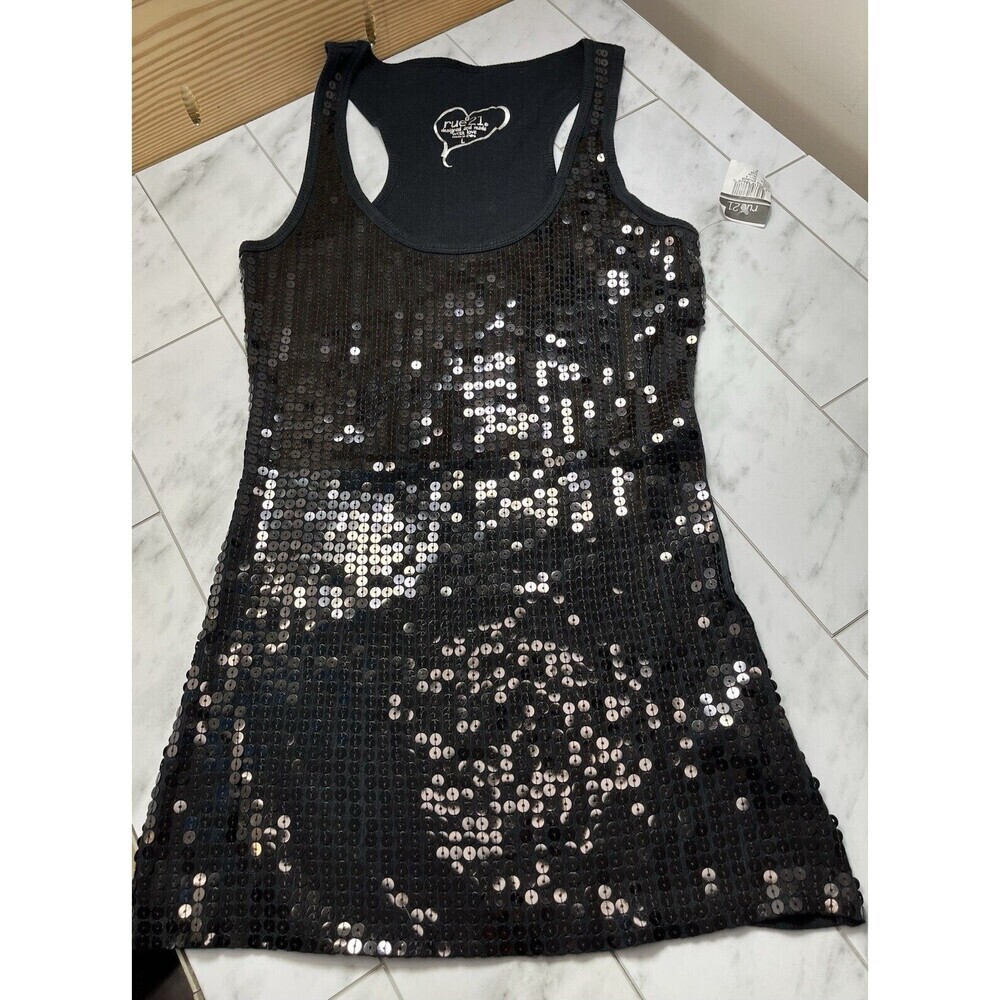 Rue21 Womens Sequin DEADSTOCK Tank Top Layering L Black Club Date Night